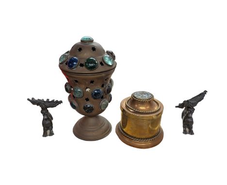 Pair of bronzed garnitures, depicting horses with mermaid tails, upon marbled bases, together with a brass and copper caddy a
