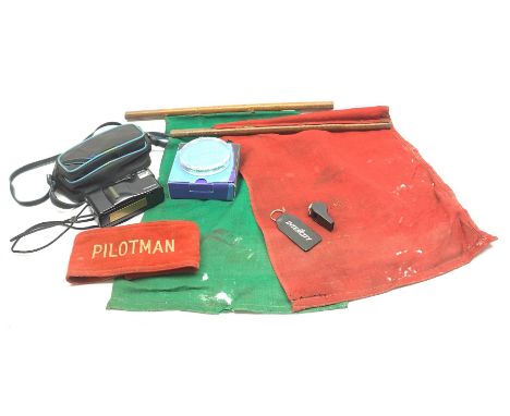  British Rail 'Pilotman' armband, British Rail Guard's red and green flags and Acme whistle, BR 1988 presentation camera and 