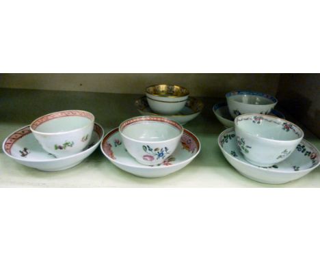 Five late 18thC New Hall porcelain tea bowls and saucers, variously decorated with gilded floral and other designs: to includ