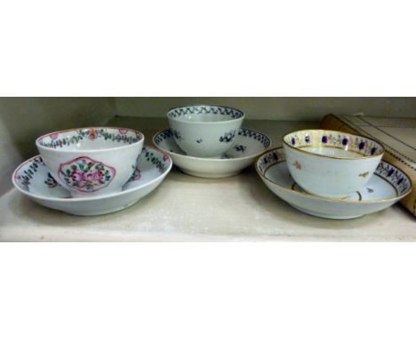 Three late 18thC New Hall porcelain tea bowls and saucers, respectively decorated in monochrome with floral sprigs  pattern n