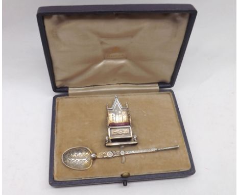 A rare leather-cased 1911 Coronation Set comprising: Silver Pin Cushion, modelled as the Coronation Throne and Anointing Spoo