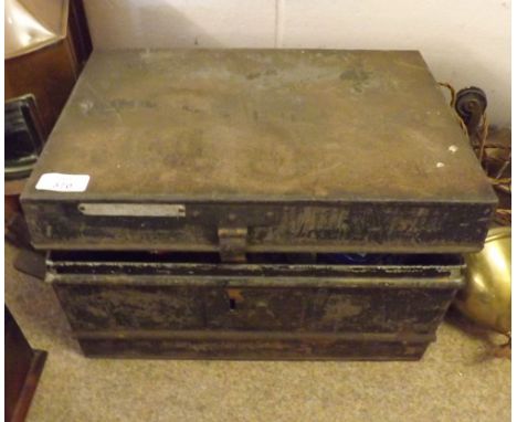 A small Iron Trunk containing assorted mixed items to include retro Mantel Clock, Albums of various stamps, Islamic Brass Ket