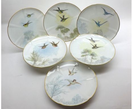 Late 19th Century part Dessert Service, comprising two pedestal Comports, four Plates, all decorated with differing hand pain