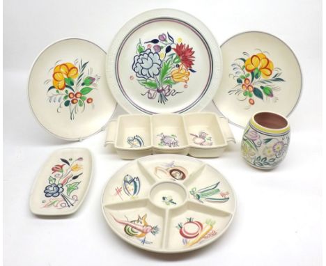 Mixed lot: Poole Pottery table wares comprising two Hors D'oeuvres Dishes, three circular Plates, a small squat Vase, and a P