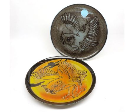 Mixed lot: two Poole Pottery Aegean Owl decorated Chargers, one decorated with an orange background, the other a grey mottled