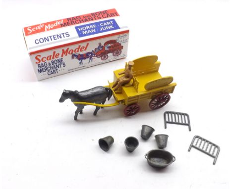 A Debo die-cast scale model of a horse drawn Rag and Bone merchant's cart, complete with driver and seven pieces of junk, hou
