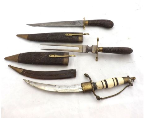 Indian Peshcabz, curved blade, bone grip, brass pommel and crossguard, brass mounted leather scabbard + Eastern Knife and For