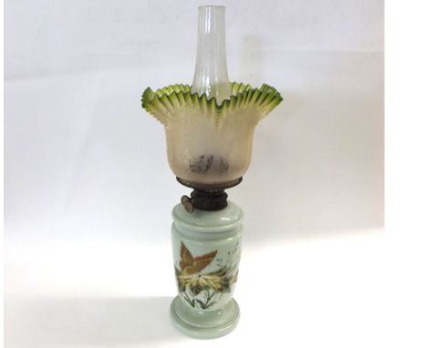 Victorian Oil Lamp with clear glass font, frilled frosted green tinted glass shade, and opaque glass font and body, 22" high&