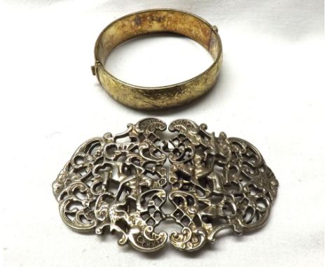 Late 20th Century cast hallmarked Silver two-part Nurses buckle pierced with figure and scroll designs, overall size 9cms x 6