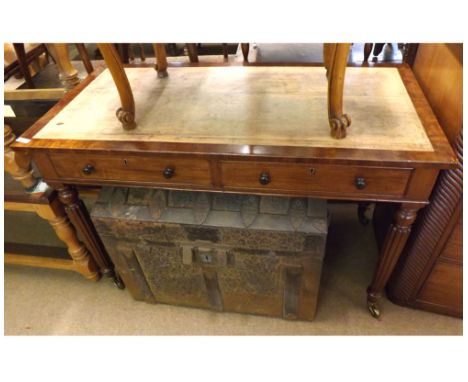 Victorian Mahogany two-drawer Writing Table, raised on tapering legs and Brass casters (requires re-leathering), 3ft 9" wide&