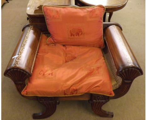Reproduction Eastern Hardwood Bergere throne type chair, with inlaid Mother of Pearl detail and ribbed and floral carving, ra
