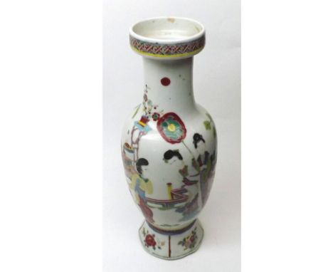 Chinese Baluster Vase of circular form, painted in famille rose, vert, and underglaze blue with all-over scene of figures in 