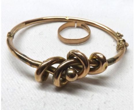 Edwardian tubular yellow metal Bangle with scroll front (A/F, repaired), together with an early 20th Century hallmarked 9ct G