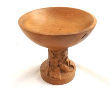 An unusual carved Mouseman style Treen pedestal Bowl of round form, the stem carved with mice amongst ivy, 6 1/4" diameter  