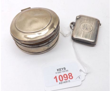 Mixed lot comprising a round Birmingham hallmarked Silver mounted Dressing Table box with fabric lined interior and a further