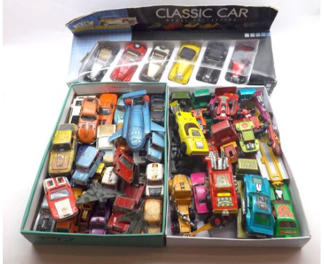 Two boxes containing a quantity of assorted die-cast vehicles to include Matchbox, Dinky and Corgi, mostly playworn condition