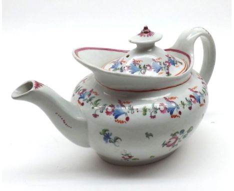 Antique New Hall Teapot of oval form, decorated with coloured floral sprays, some repairs throughout, 10" wide  