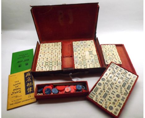 Vintage Mah Jongg set, bone or composition counters, various later counters etc, possibly incomplete, in a brown leather case