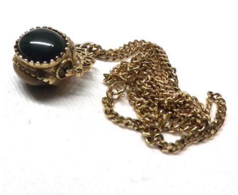 Hallmarked 9ct Gold Agate set swivel Fob, mounted on a 9ct Gold flattened Belcher link Neck Chain, total weight 18gms all in&