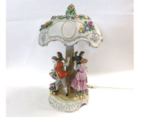 Modern Continental Dresden style Table Lamp, large floral encrusted shade over a body with four figurines and gilt decoration