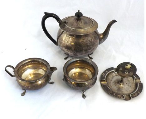 20th Century Yeoman Plate three-piece Tea Service together with a Silver Plated Ashtray with trump indicator to top 