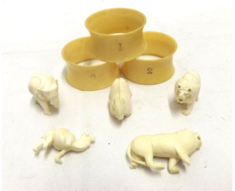 A Mixed Lot of three Bone or composition Napkin Rings and Collection of various small Vintage Ivory or composition Animals