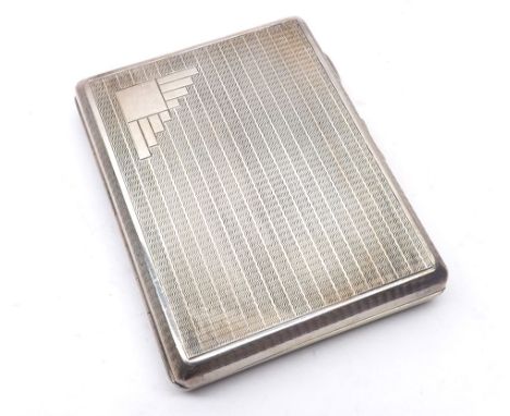 George V Silver Cigarette Case of hinged rectangular form, decorated with engine turned detail, hallmarked Birmingham 1932, a