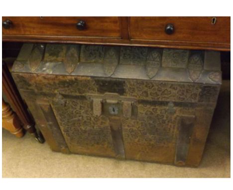 Vintage metal bound domed top toy trunk, the body decorated with foliate detail, 2ft 4" wide  