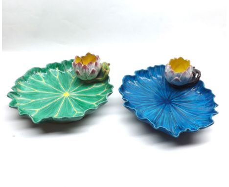 Pair of 19th Century Worcester Majolica glazed Dishes formed as lily pads, one glazed in green, the other blue, approx 11" lo