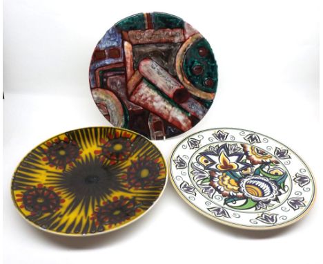 Mixed lot: three large Wall Chargers, all approx 14" diameter to include example decorated in abstract shapes marked "Karen B