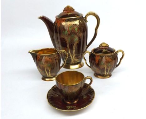 Carlton ware Rouge Royale Tea Set comprising Tea Pot, Covered Sugar Basin, Milk Jug and six Cups and Saucers, decorated in a 