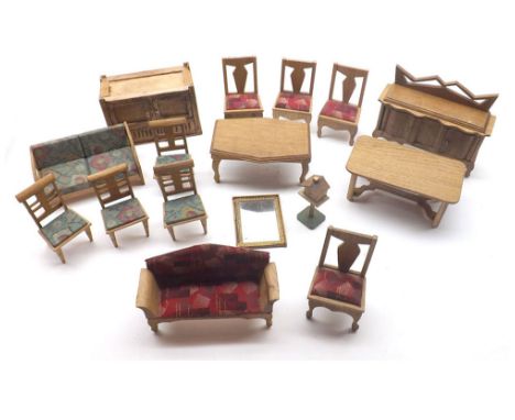 A box containing a collection of vintage Dolls House Furniture to include: Parlour Suite with matching sideboard, brass and w