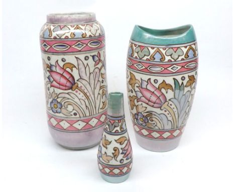 Mixed lot: Bursley ware Charlotte Rhead floral pattern Vases comprising a wide necked Vase of oval form, a further tapering c