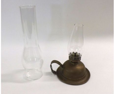 Mixed lot: comprising Victorian Oil Lamp with amber glass font and cast base together with a small Brass chamber Oil Lamp and
