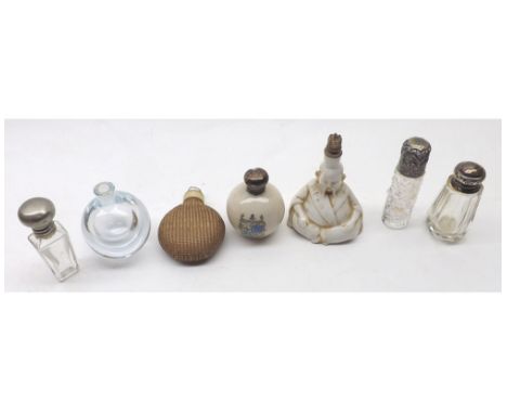 Mixed lot of various Scent Bottles to include small clear glass Silver topped examples, novelty ceramic example modelled as a