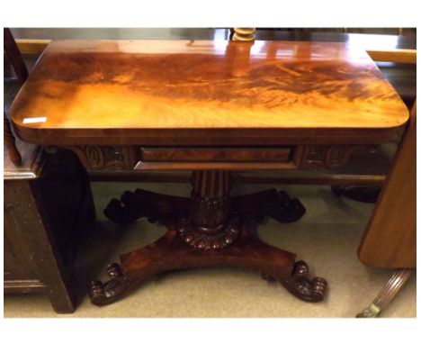 Good quality 19th Century Mahogany pedestal Card Table, rectangular folding top with green baize lined interior, raised on a 