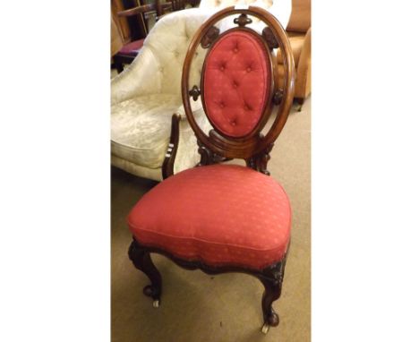 Victorian Walnut framed balloon back Nursing or Side chair, upholstered in red fabric, raised on short front cabriole legs wi