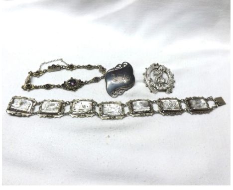 A Mixed Lot including a white metal Marcasite mounted and mother-of-pearl panelled Bracelet depicting charioteers, stamped "8