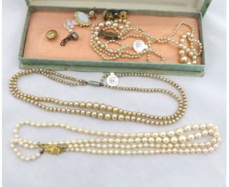 Three simulated Pearl Necklaces in cases, together with various Costume Earrings and Brooches 