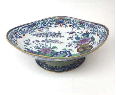 19th Century English pedestal Bowl of oval form, decorated with Chinese style floral scene, marked "Semi China" to base, 11 1
