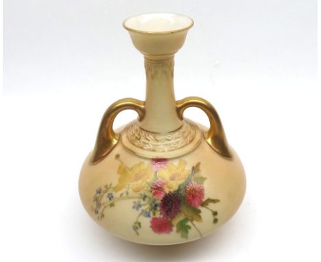 A Royal Worcester Two Handled Vase of conical baluster form, painted in colours of spring flowers on a blush ground with furt