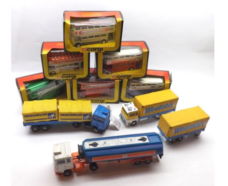 Collection of various boxed Corgi buses together with unboxed Gulf tanker and Michelin lorry (qty)  