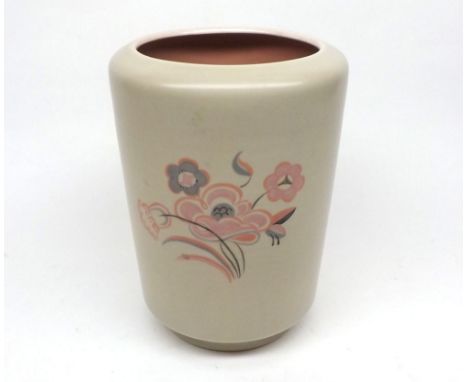 Poole Pottery cylindrical Vase decorated with flowers on a pale background, impressed mark to base and numbered 695, 8" high 