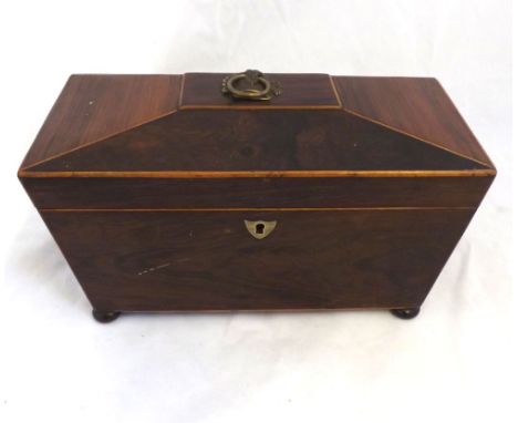 19th Century Mahogany sarcophagus formed Rosewood Tea Caddy, the interior with two lift-off lids and recess for central bowl,