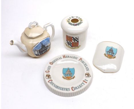 Three W H Goss Crested Ware items including: Ashtray inscribed around the rim "Goss Original Heraldic Porcelain Connoisseurs 