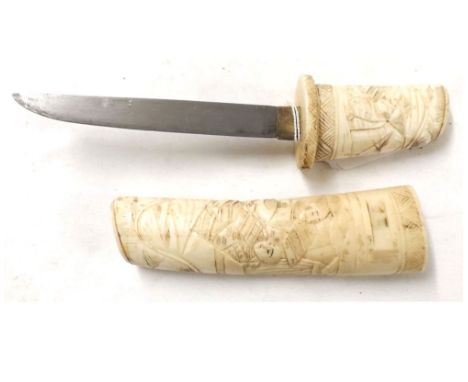 Japanese dagger, 4 1/2" blade, carved ivory grip and scabbard  