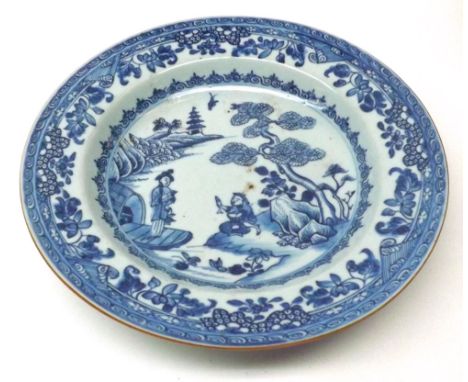 Nanking Soup Bowl of typical circular form, centre painted in underglaze blue with Chinese River Scene with Boy selling Fish 