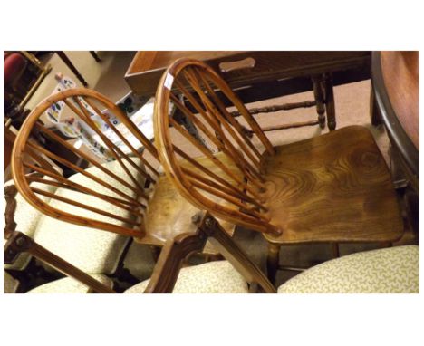 Pair of 19th Century Yew wood and Elm seated stick back Kitchen Chairs with turned legs and H-shaped stretchers, 3ft wide  