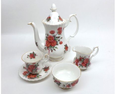 Quantity of Royal Albert Centennial Rose Coffee Wares comprising Coffee Pot, Sugar Basin, Cream Jug and six Cups and Saucers 