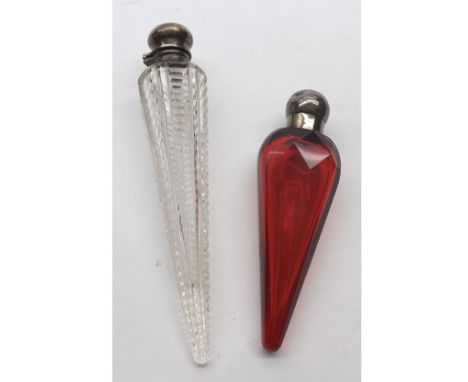 A Victorian Cranberry Glass Scent Bottle, icicle shape, facetted detail, screw-on silver lid (dents), 3" long, Birmingham 188